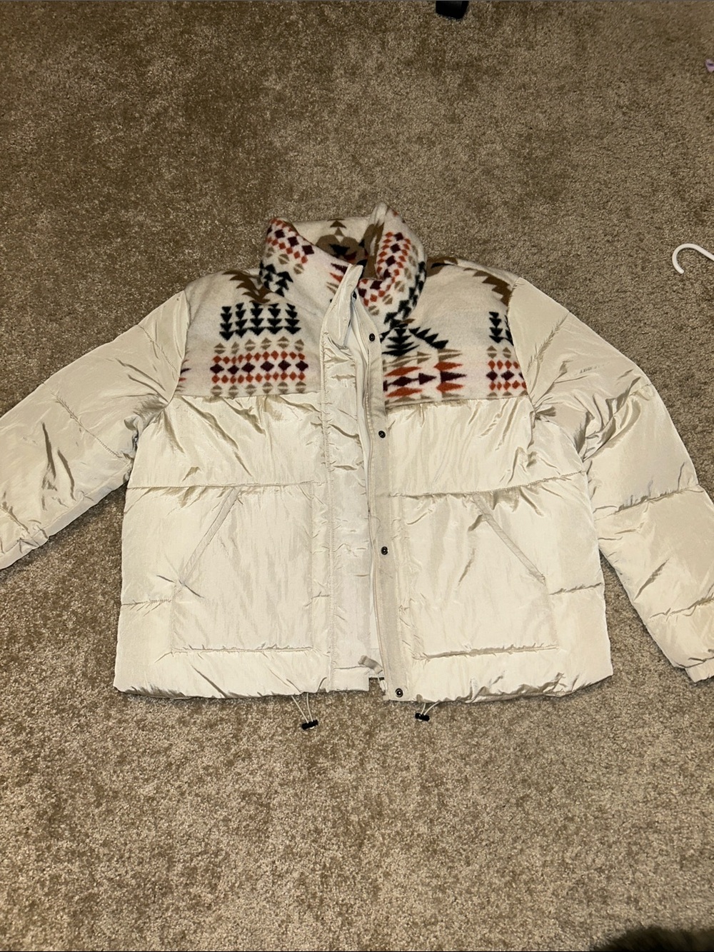 Stoosh Cream Puffer Jacket with Multicolor Aztec Yoke